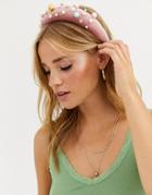 Asos Design Padded Velvet Headband With Pearl And Crystal Embellishment-pink