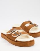 Mango Suede Slider Lounge Slippers With Faux Shearling Lining In Tan-brown