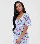 Prettylittlething Petite Exclusive Wrap Dress In Blue Floral - Multi