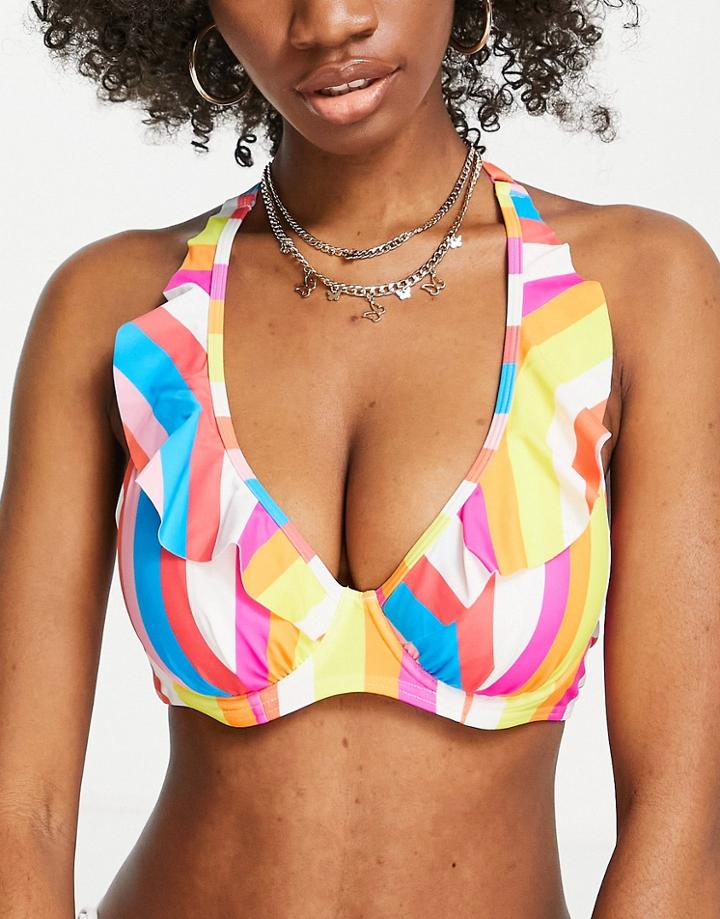 Figleaves Fuller Bust Bikini Top With Frill Cup Detail In Pink And Blue Candy Stripe
