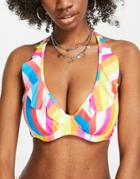 Figleaves Fuller Bust Bikini Top With Frill Cup Detail In Pink And Blue Candy Stripe