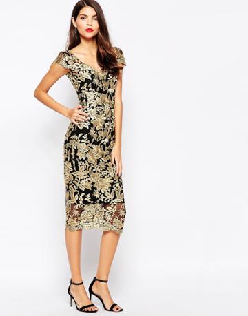 The Crystal Collection By Vesper Pandora Metallic Lace Midi Dress - Gold
