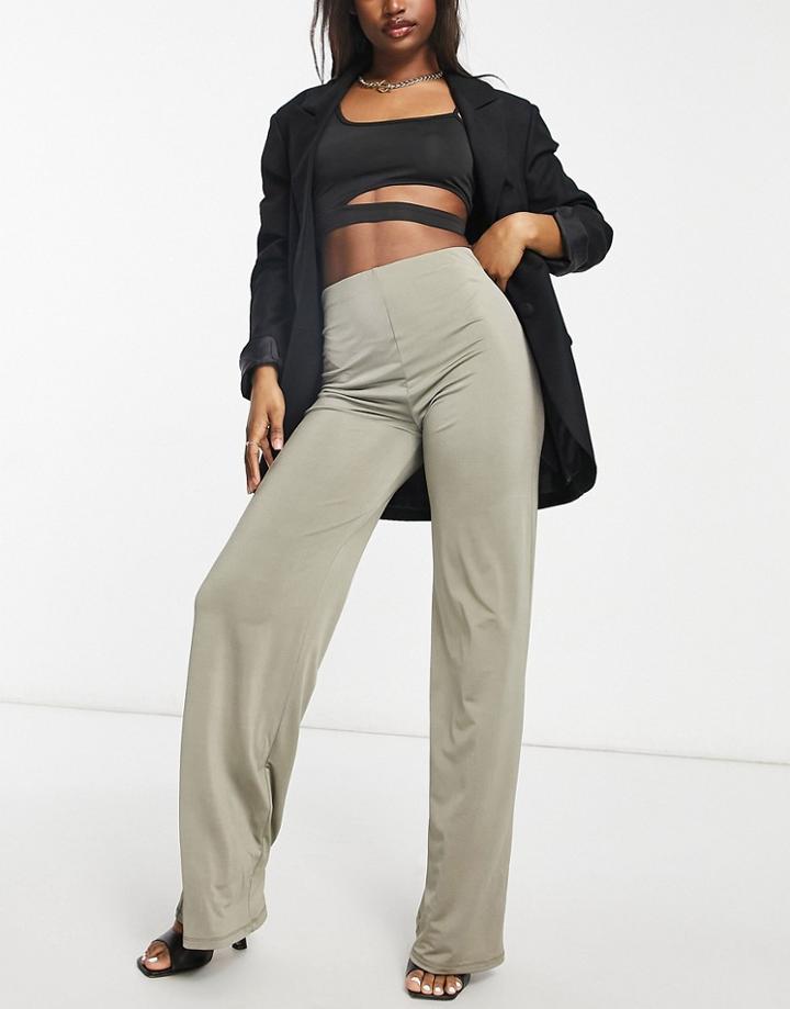 Asos Design Slinky Suit Wide Leg Pants In Khaki - Part Of A Set-green