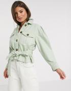 Stradivarius Tie Waist Button Front Jacket In Mint-green