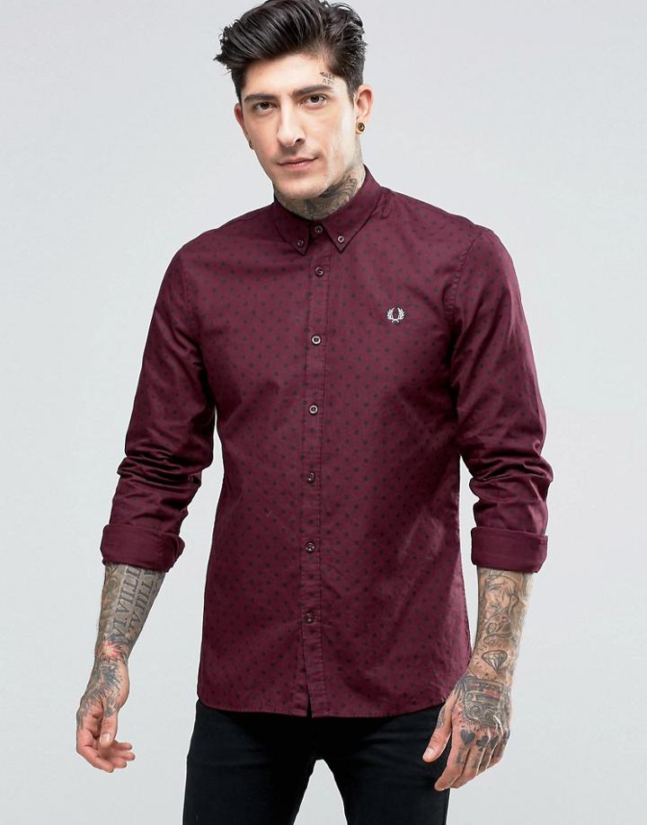 Fred Perry Shirt With Polka Dot In Mahogany In Slim Fit - Red