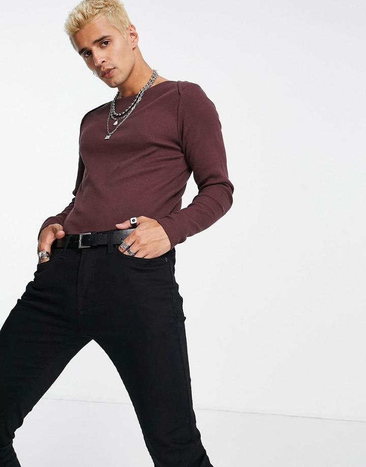 Asos Design Muscle Long Sleeve T-shirt In Waffle With Boat Neck In Brown