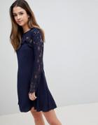 Qed London Lace Sleeve Skater Dress - Navy