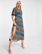 John Zack Exclusive Flutter Sleeve Midi Dress In Multi Leopard Print