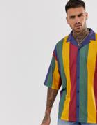 Asos Design Oversized Button Through Revere Collar Polo In Large Vertical Stripes - Multi