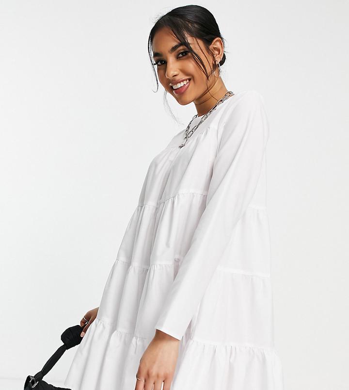Asos Design Petite Cotton Poplin Tiered Long Sleeve Mini Smock Dress In White