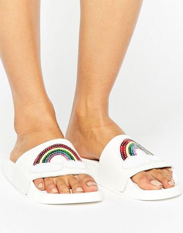 Thewhitebrand White Sequin Rainbow Flat Slider Sandals - Multi