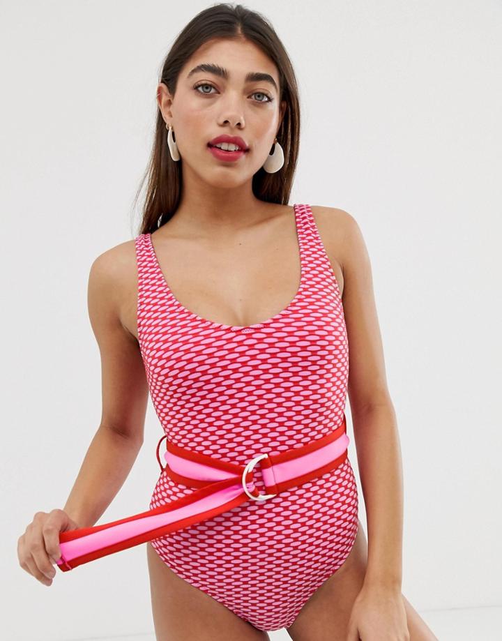 Asos White Contrast Belted Swimsuit-pink