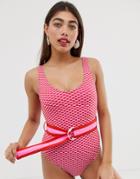 Asos White Contrast Belted Swimsuit-pink