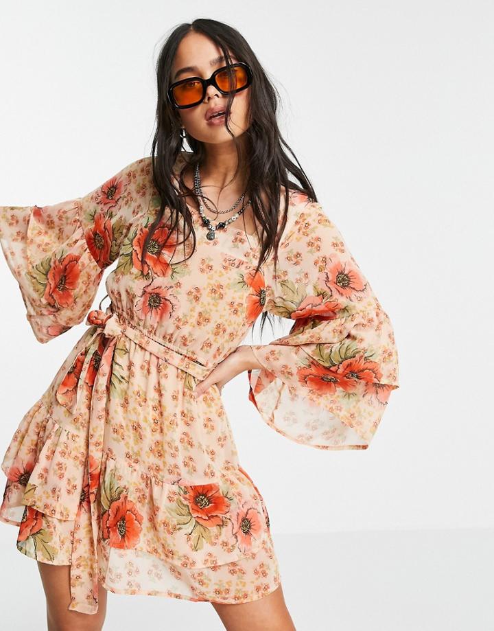 Violet Romance Chiffon Tiered Mini Dress In Floral Print-multi