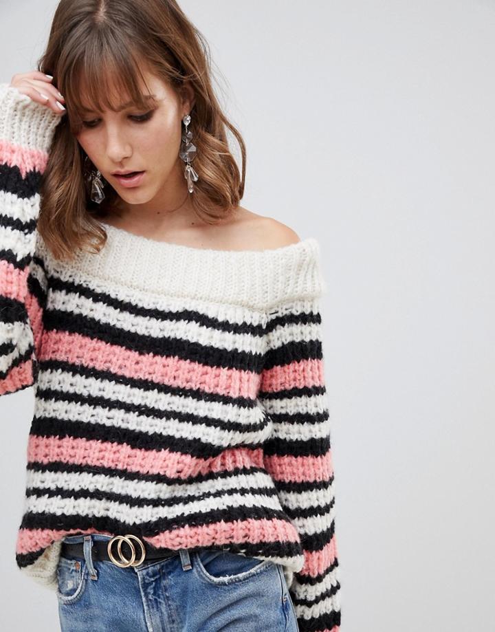 River Island Off The Shoulder Sweater In Pink Stripe