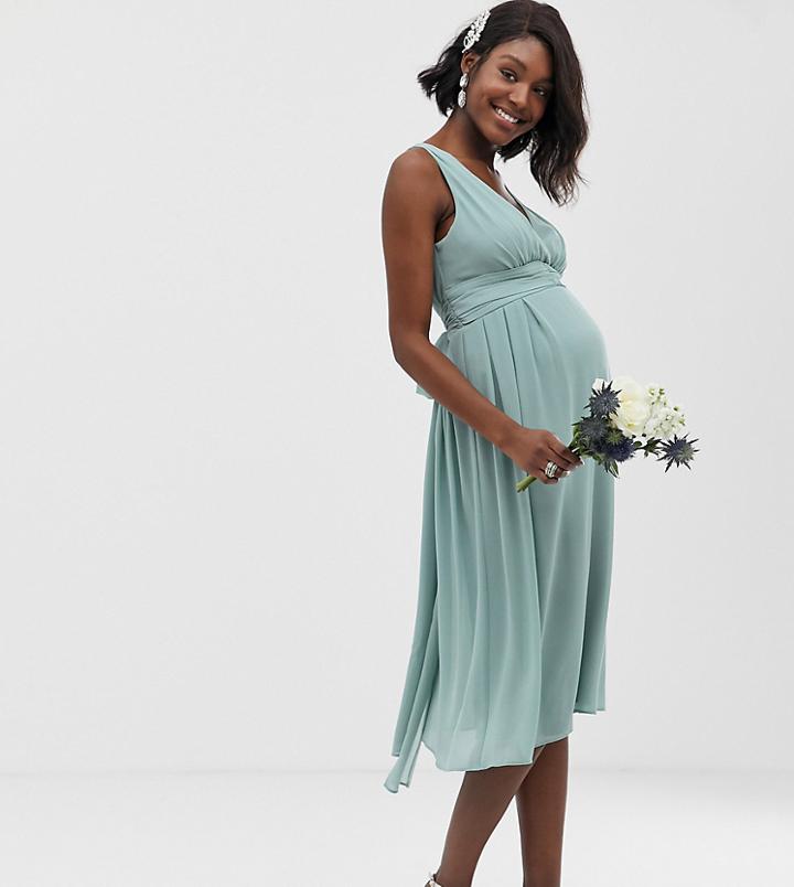 Tfnc Maternity Bridesmaid Exclusive Wrap Front Midi Dress With Tie Back In Sage - Green