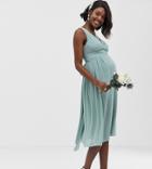 Tfnc Maternity Bridesmaid Exclusive Wrap Front Midi Dress With Tie Back In Sage - Green