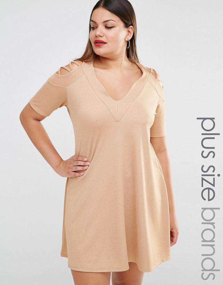 Pink Clove Lattice Detail Cold Shoulder Swing Dress - Tan