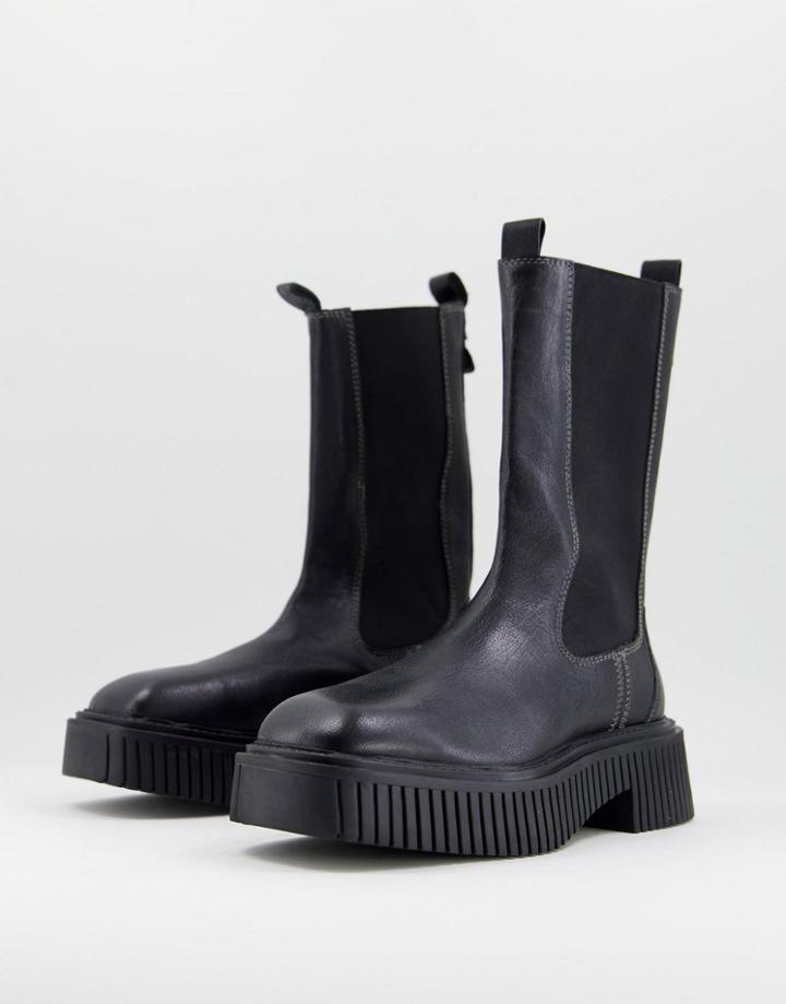 Asra Connie Calf Length Chelsea Boots In Black Leather
