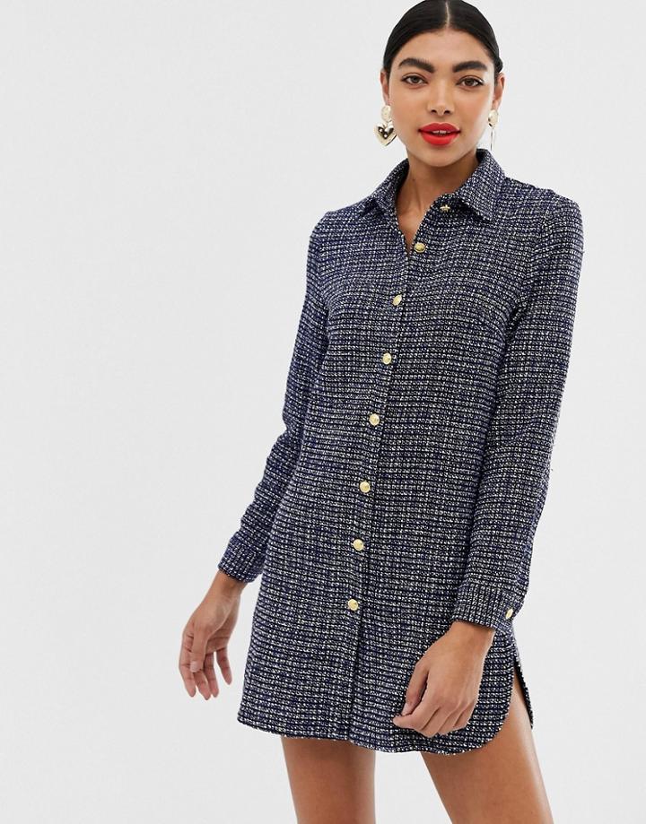 Unique21 Boucle Over Sized Shirt Dress With Gold Buttons-blue