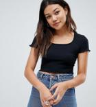 Daisy Street Scoop Neck Crop Top With Lettuce Hem - Black