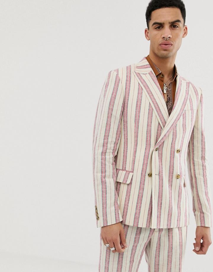Asos Design Skinny Suit Jacket In Cream Linen Stripe - White