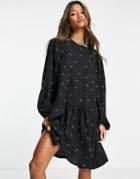Vila Long Sleeve Mini Smock Dress With Tiered Skirt In Black Print