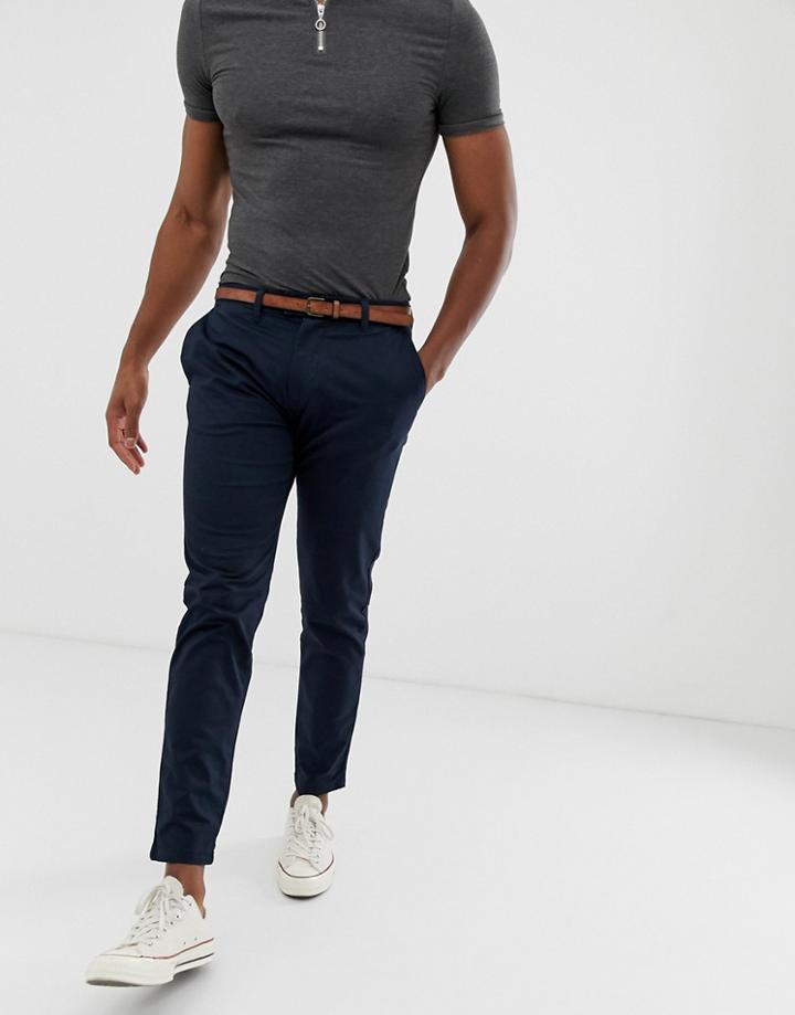 Pull & Bear Skinny Chino With Belt In Navy Blue - Navy
