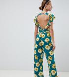 Asos Design Petite Jumpsuit With Flutter Open Back In Floral Bloom - Multi
