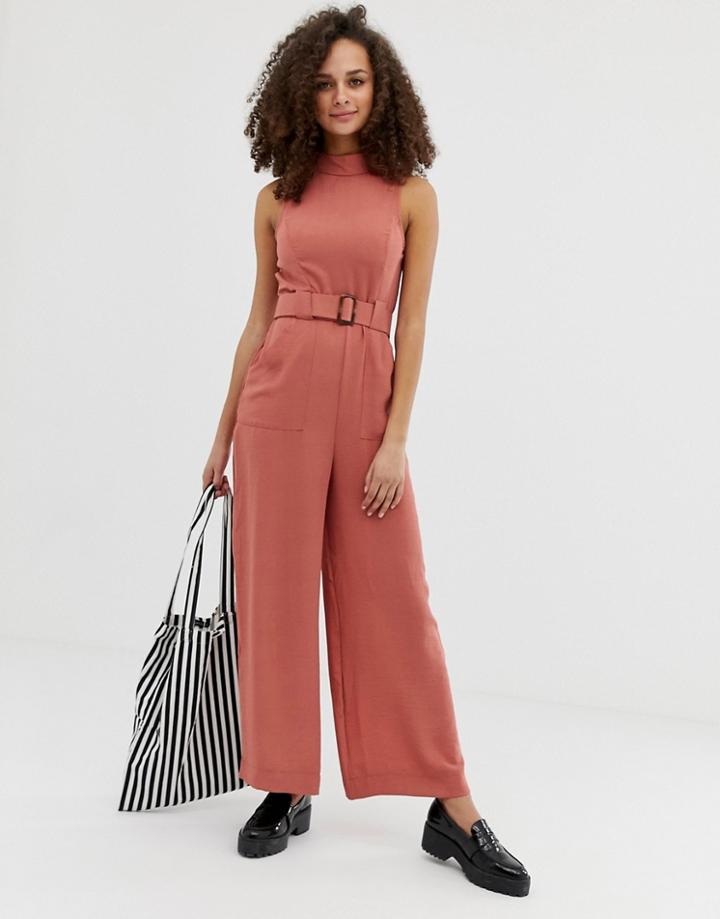 Asos Design High Neck Clean Buckle Detail Wide Leg Jumpsuit-beige