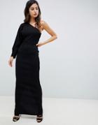 Asos Design One Sleeve Metallic Plisse Maxi Dress-black