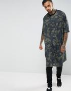 Asos Extreme Longline T-shirt With Camo Print - Green