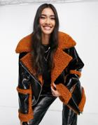 Asos Design Hero Shaggy Sherpa Jacket In Black And Ginger