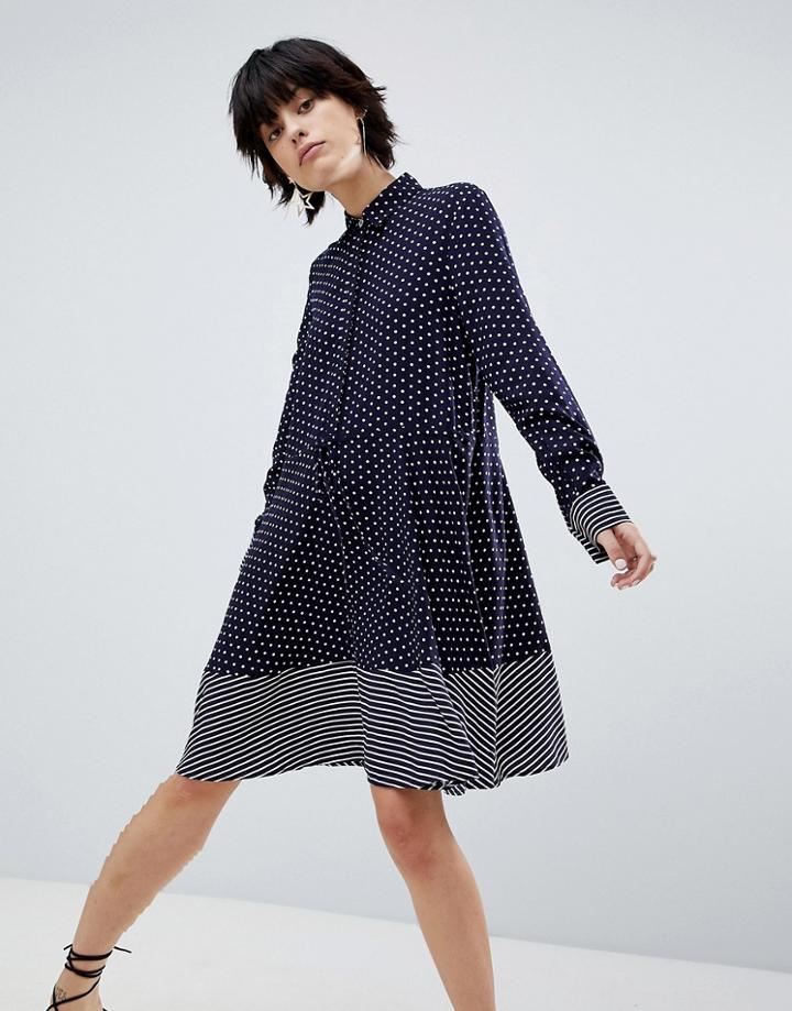Warehouse Stripe And Spot Shirt Dress - Blue