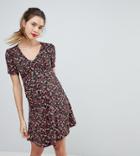 Asos Maternity Mini Tea Dress With V Neck And Button Detail In Mono Floral Print - Multi