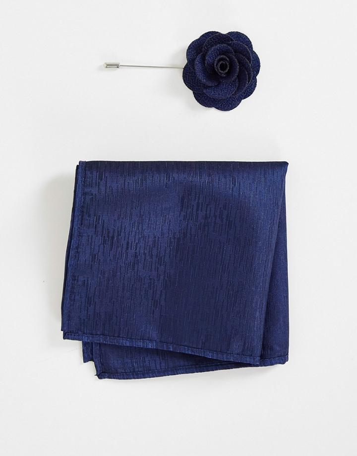 French Connection Plain Pocket Square & Lapel Pin Set-blues