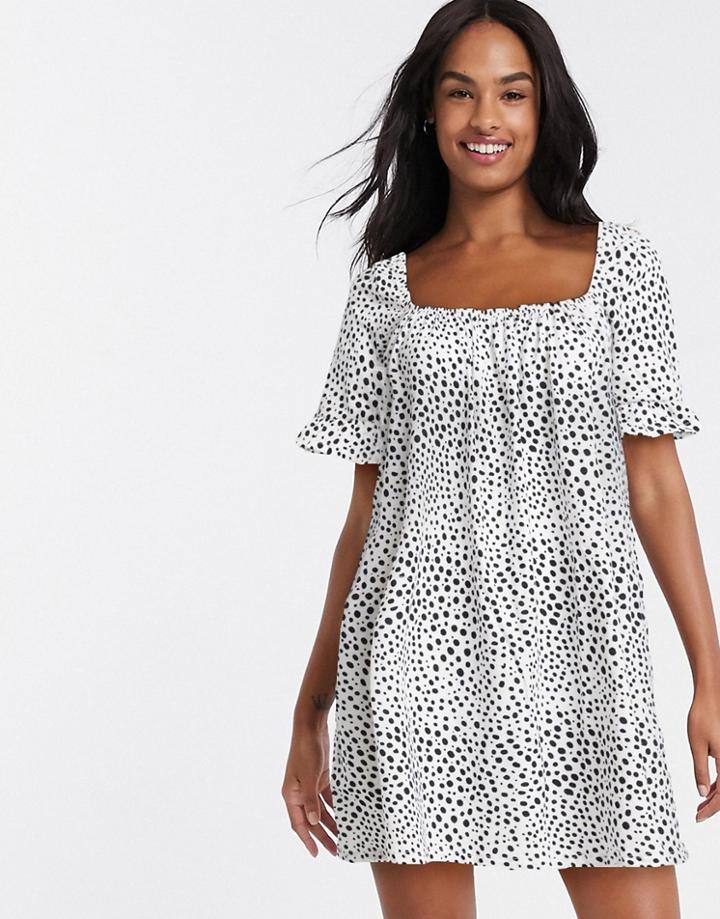 Asos Design Square Neck Mini Smock Dress With Frill Sleeve In Polka Dot-white