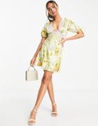 Asos Design Satin Mini Dress With Ruffle Detail And Lace Inserts In Meadow Floral-multi