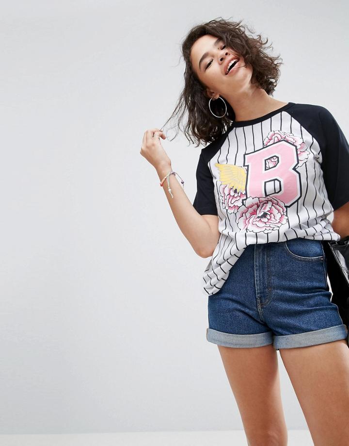 Asos T-shirt With Stripe Varsity Print With Lace Up Detail - White