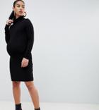 Asos Design Maternity High Neck Rib Bodycon Mini Dress With Long Sleeves - Black