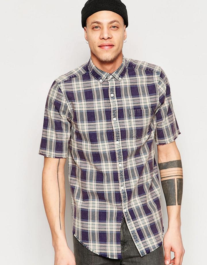 Asos Check Shirt In Brown With Long Sleeve In Regular Fit - Blue