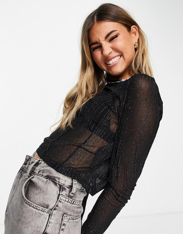 Noisy May Mesh Crop Top In Black Glitter