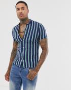 Bershka Join Life Striped Shirt With Grandad Collar In Navy - Navy
