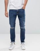 Asos Skinny Jeans With Knee Rips In Dark Blue Wash - Blue