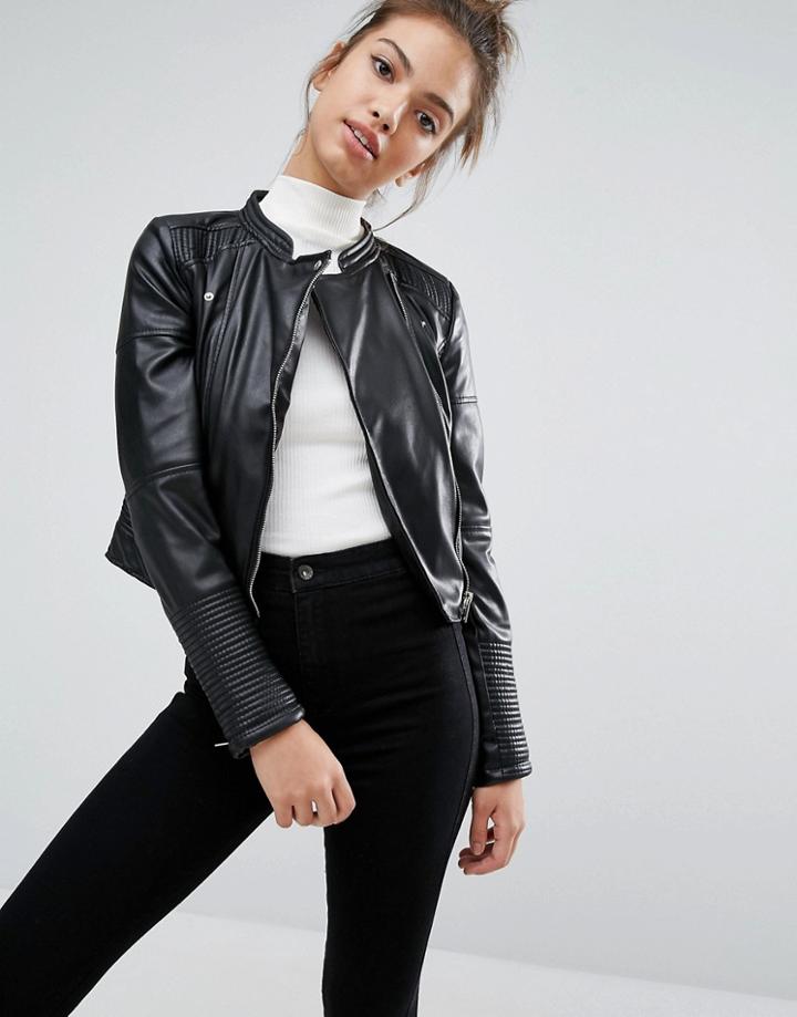 Pull & Bear Collarless Faux Leather Biker Jacket - Black