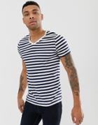 Asos Design Organic Cotton Stripe T-shirt In Navy And White With V Neck - Multi
