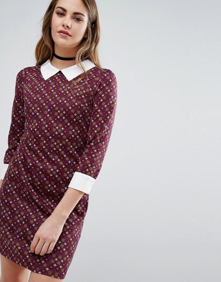 Qed London Tile Print Dress With Collar - Red
