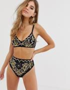Asos Design Adorned High Leg High Waist Bikini Bottom In Rose Gold Embellishment-black