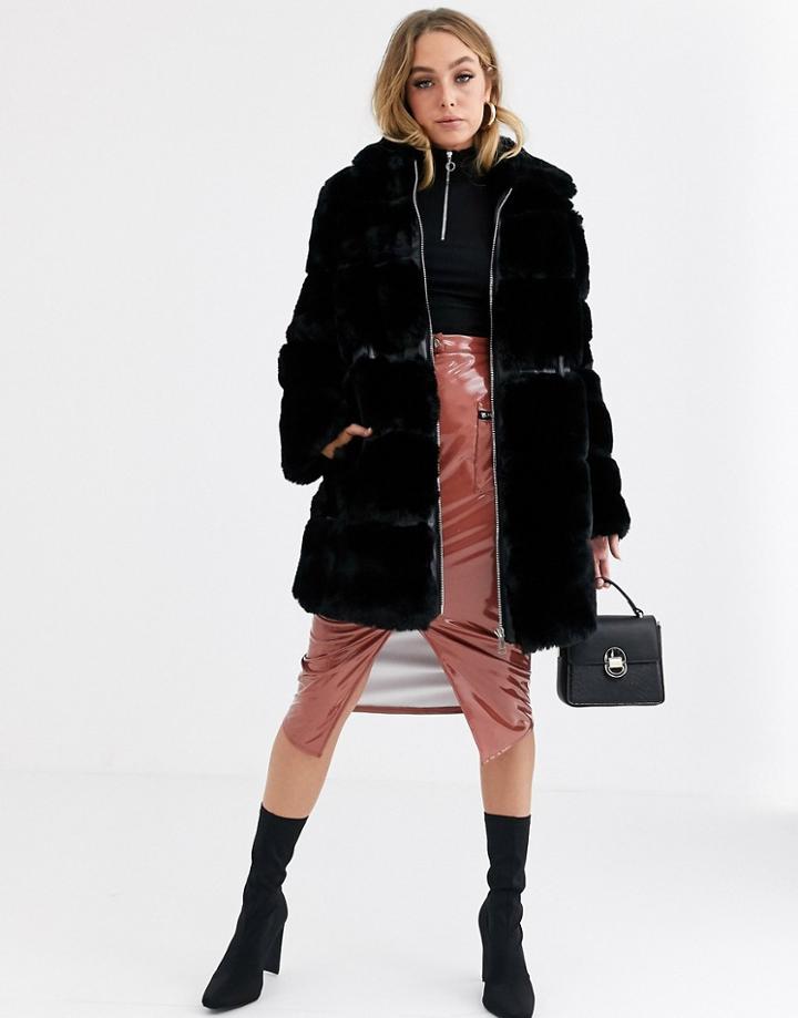 Jayley Zip Through Belted Faux Fur Coat-black