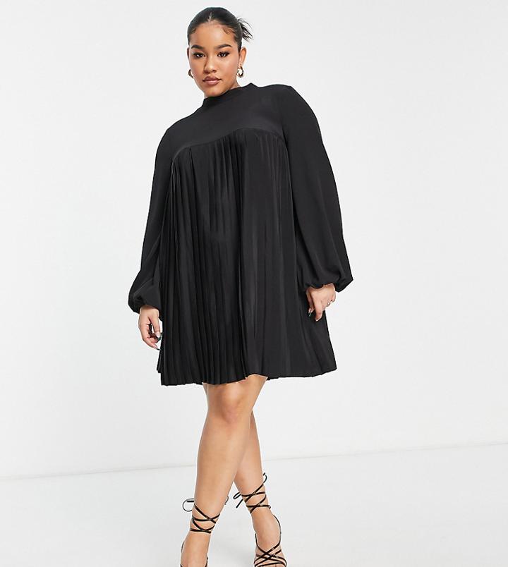 Asos Design Curve High Neck Pleated Trapeze Mini Dress In Black